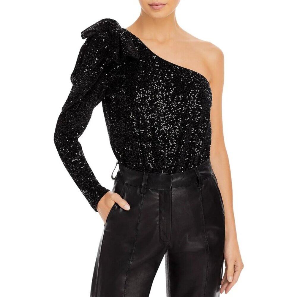 Aqua Black Velvet & Sequin One Shoulder Bodysuit Women's Size Small Bow Accent